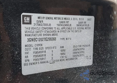 2007 Chevrolet Avalanche 1500 Lt z USA, uszkodzony, nr VIN 3GNEC12027G298368